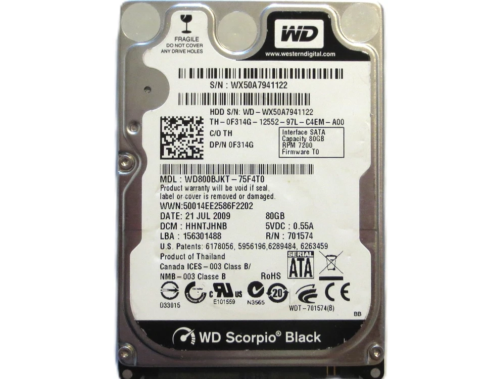 WD WD800BJKT-75F4T0 HHNTJHNB (WX50) Thailand 2.5" 80gb Sata HDD 21JUL2009 - Image 1 of 1
