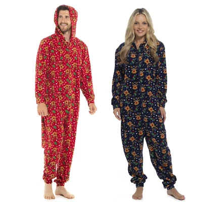 Unisex All in One Christmas Hooded Pyjamas Xmas Mens Ladies Loungewear Couples - Image 1 of 4