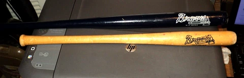 2 ATLANTA BRAVES Wood Mini Bats: 1990 Bat 18" Long: 1993 Blue Bat 22" Long: MLB Cover