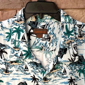 Aloha Hawaiian Shirt Tiki Island Sail Boat Sail Volcano Palm Button Size 2XL - Picture 1 of 5