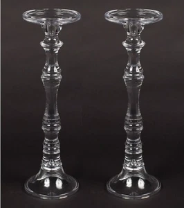 Candle Holders Clear Glass for Taper or 3"-4" Pillar Candles 5"Dx16.5"High Set/2 - Picture 1 of 7