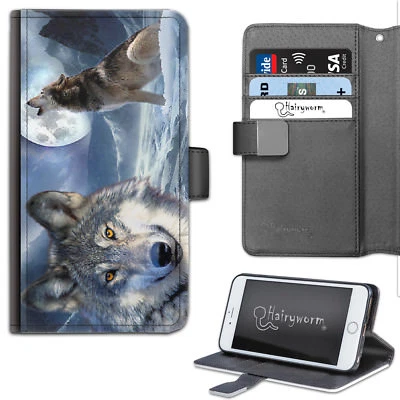 Funda de teléfono Wolf; cubierta de teléfono abatible lateral de cuero PU con luna lobo perro animal Foto 1 de 4