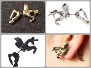 Pair Of Silver Black Gold & Bronze Unicorn Winged Horse Pegasus Stud Earrings 2x - Picture 1 of 5