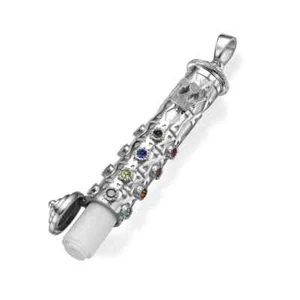 Mezuzah Pendant with Precious Stones in 14k White Gold Hoshen Protection Amulet - Picture 1 of 6