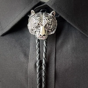 Vintage Silver Tiger Head Bolo Tie Western Cowboy Alloy PU Rope Wedding Necklace - Picture 1 of 11