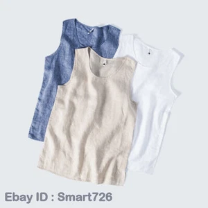 Men Linen Sleeveless T-shirt Summer Breathable Sport Vest Round Neck Tank Tops - Picture 1 of 16
