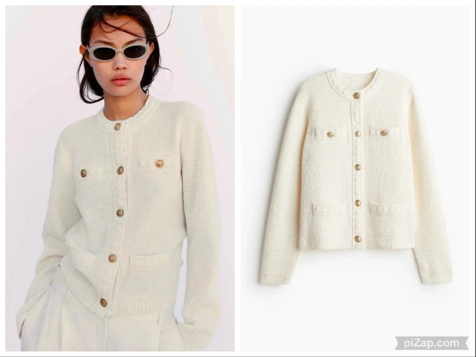 MUJER H&M TEJIDO TEXTURIZADO BOTONES DORADOS CÁRDIGAN PUNTO SUÉTER CHAQUETA MARFIL GRANDE Foto 1 de 4