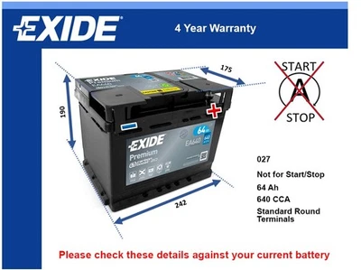 Battery fits SAAB 9-5 96 900 99 600 9-7 9-3 95 9000 Exide 027 640A New - Image 1 of 4