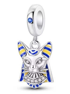 Berloque de gato egípcio antigo amarelo azul Brad prata 925 para pulseira pingente presente - Imagem 1 de 4