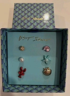 Betsey Johnson 6PC Mismatch Stud Earring Set Lobster, Shell, Starfish, Pearl NIB - Image 1 of 2