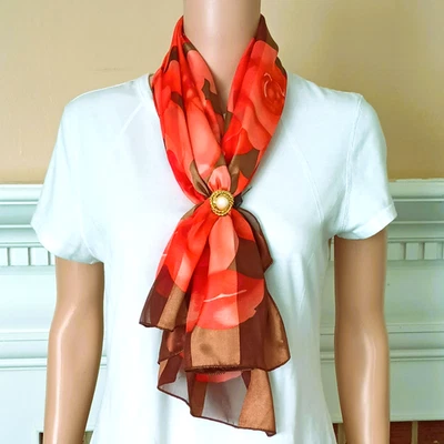 Perry Ellis  Square Floral Scarf 40" x 40" Women's Orange & Brown Silky Feel - Image 1 of 4