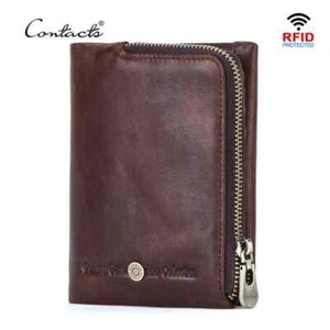 Contacts Men's RFID Oil Wax Leather Wallet Coins Credit Card Holder Purse Bifold - Picture 1 of 11