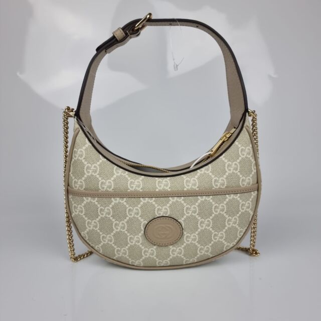 GUCCI GG SUPREME MONOGRAM WEB MINI OPHIDIA HALF MOON HOBO BEIGE