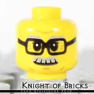 Lego Minifigur Kopf GELB männliche Brille rechteckig grau Augenbrauen Schnurrbart - Bild 1 von 2