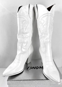 NEW Isnom Western Cowboy Boots 10.5 White Mid Calf Hi Heels Shoes Embroidered - Picture 1 of 10