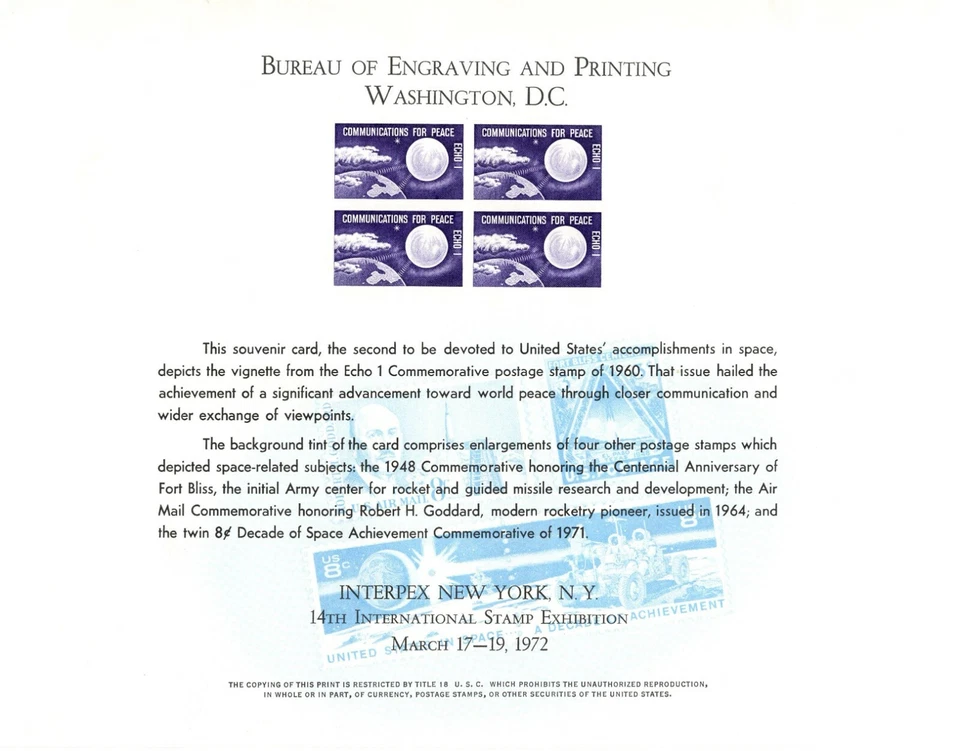 STAMP EXPO 1972 ENGRAVED SOUVENIR CARD COMMUNICATIONS FOR PEACE STAMPS (1960) - Image 1 of 1