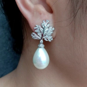 White Sea Shell Pearl Teardrop Shape Dangle Earrings Cz Pave Gold Plated Jewelry - Picture 1 of 5