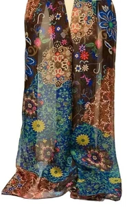 Bufanda de gasa 100% seda morera ~ Cachemira marrón turquesa margarita boho ~ 65x200 cm - Imagen 1 de 12