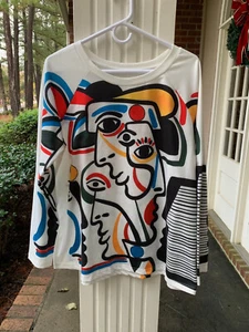 WOMENS XL VIBRANT ART PORTRAIT LONG SLEEVE PULLOVER TOP STYLISH MULTICOLOR FUN - Picture 1 of 10