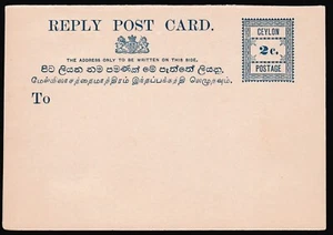 Ceylon Cover 1890s? Prepaid Reply Post Card 2c blue rectangle Mint Z2894 - Picture 1 of 9