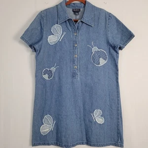 Vestido Vintage Denim Manga Corta Bordado Talla L Azul Mariposa Ladybug Años 90 - Imagen 1 de 8