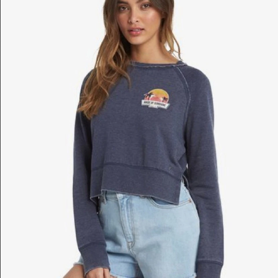 NWT Roxy Sweatshirt “Made Of Sunshine ” Blue Cropped Pullover Large - Image 1 of 3