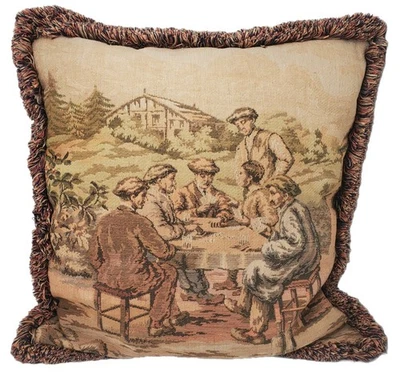Vtg French Countryside Tapestry Pillow w Fringe 18x18 Cottage Core Card Game - Image 1 of 4