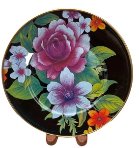 Mackenzie Childs Black Flower Market 1 Salad Plate Enamel Ware New 8" Enamelware - Picture 1 of 3