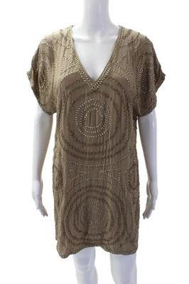 Haute Hippie Womens Silk Studded V Neck Short Sleeves Dress Brown Size Small - Image 1 of 4