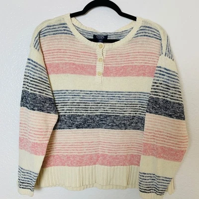 Suéter Chaps Mujer Grande Rosa Azul Tejido Henley Rayas Preppy Lino Algodón Foto 1 de 4