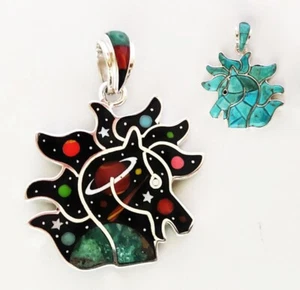 Reversible Galaxy Turquoise Lapiz Onyx Pearl Inlay .925 Silver Horse Pendant - Picture 1 of 3
