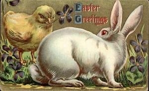 Postal 1910 con flor de conejo conejo conejo en relieve saludos de Pascua con correo marcado - Imagen 1 de 2