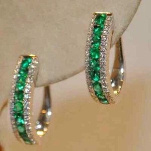 1.15Ct Round Lab-Created Emerald & Diamond Hoop Earrings 14K White Gold Plated - Picture 1 of 11