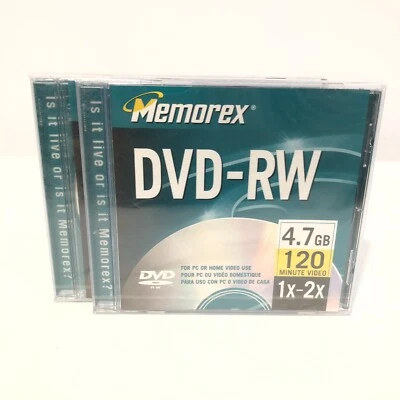 SET OF 2 MEMOREX DVD-RW REWRITABLE DISCS BRAND NEW SEALED 120 MINUTES 4.7GB - Image 1 of 2