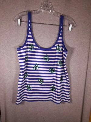 Camiseta sin mangas J Crew para mujer lentejuelas medianas hojas de palma azul blanco rayas playa costa Foto 1 de 4