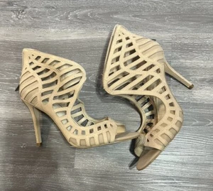 BCBG High Heel Booties Cut Out Drita Women 4" Peep Toe Zip Closure Brown Tan 9.5 - Picture 1 of 4