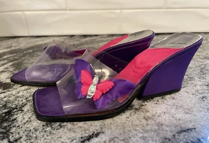 Vintage J Renee Butterfly Slip On Wedge Sandals Size 8M Purple Pink Clear Vinyl - Picture 1 of 10