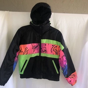Obermeyer Kids Size 14 Ski Snowboard Snow Winter Jacket Black w Neon RETRO - Picture 1 of 15