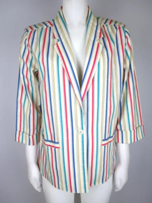 Vintage Women's Blazer Jacket Sz 8 Rainbow Stripe 3/4 Sleeve One Button Unlined - Image 1 of 4