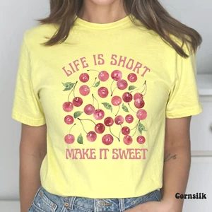 Cute Cherry Life Is Short Make It Sweet T Shirt Retro Womens Graphic Tee S-3XL - Picture 1 of 11
