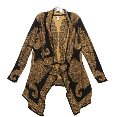 J Jill Cardigan Open Front Black Gold Baroque Print Long Sleeve Cotton Sz S - Image 1 of 4