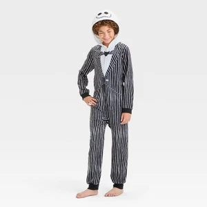Kid's Fleece Jack Skellington Hooded Union Suit One Piece Pajama 6-7 Small #6238 - Picture 1 of 8