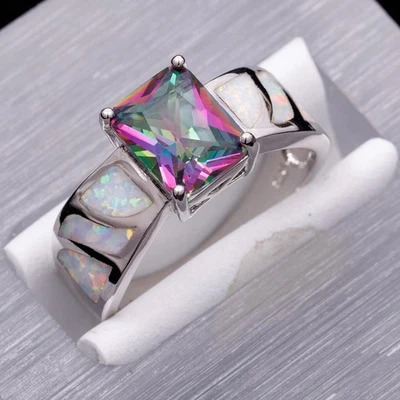 7x9 Radiant Rainbow Mystic Topaz White Fire Opal Silver Jewelry Ring Size 8 - Image 1 of 4