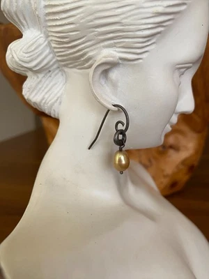 Silpada Champagne Freshwater Pearl Drop Earrings Sterling Silver Spiral Hooks - Image 1 of 4