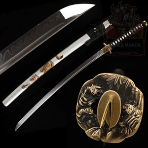 T10 Steel Clay Tempered Japanese Samurai Sword Real Hamon Full Tang Tiger Theme - Picture 1 of 15