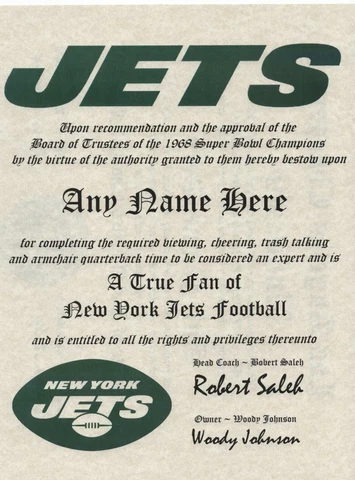NEW YORK JETS NFL FAN ~CERTIFICATE~DIPLOMA ~MAN CAVE~OFFICE TRUE FAN Cover