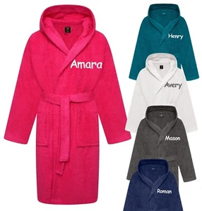 Personalised Boys & Girls Hooded Bathrobe Towelling Bath Robe Childrens Kids - Picture 1 of 19