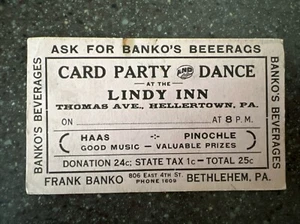 Vintage 1940’s Lindy Inn, Hellertown, Pa. Card Party & Dance Ticket Advertising - Picture 1 of 2