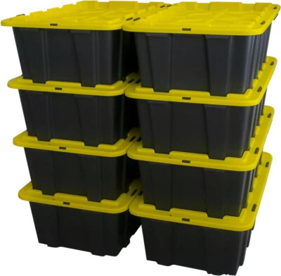 Set of 8 12 Gallon Black Plastic Storage Bins Tote Boxes with Snap Lids Durable - Image 1 of 4