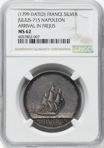 EGYPT - FRANCE , ARRIVAL TO FREJUS SILVER MEDAL 1799 ( 17 ) NGC MS 62 , RARE - Picture 1 of 2